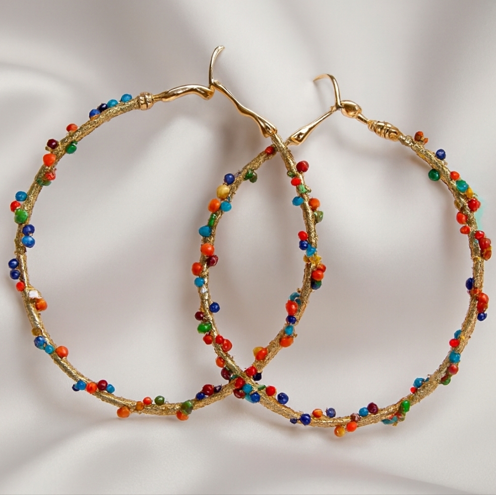 Gold Hand‑Wrapped Colorful Beaded Hoop 2.75" Earrings - Boho Women's Jewelry